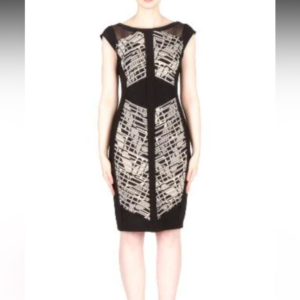 Joseph Ribkoff Mesh Panel Sheath Dress Black & Tan size 10